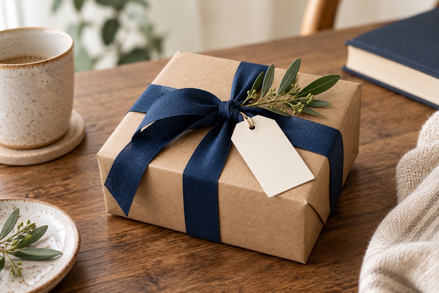 A thoughtful gift wrapped with navy ribbon